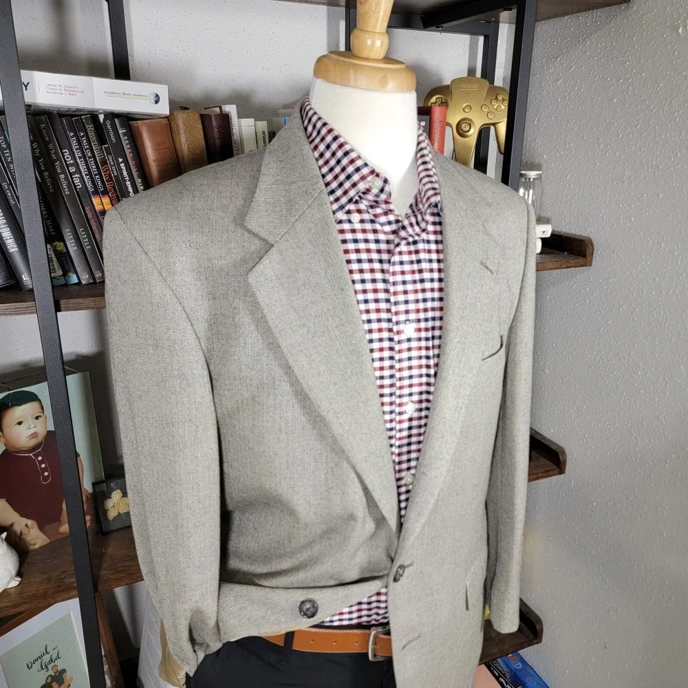 Lands‎ End Men's Sport Coat Blazer Two Button Herringbone Beige Wool Size 41R